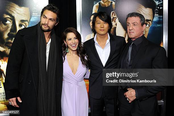 Actors Jason Momoa, Sarah Shahi, Sung Kang and Sylvester Stallone attend the "Bullet To The Head" New York premiere at AMC Lincoln Square Theater on...