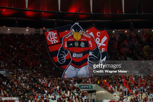Flamengo fans cheer on their team prior a semifinal second leg match between Flamengo and Gremio as part of Copa do Brasil 2023 at Maracana Stadium...