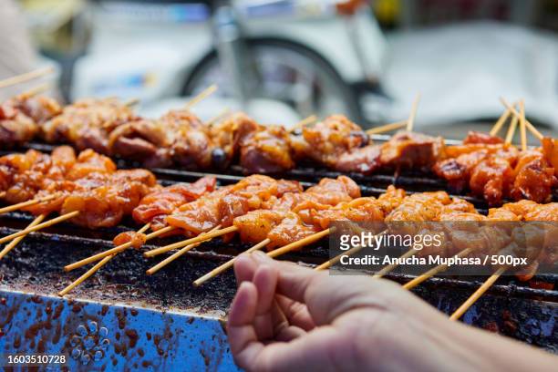 cropped hand of person preparing food on barbecue grill - chicken skewers stockfoto's en -beelden