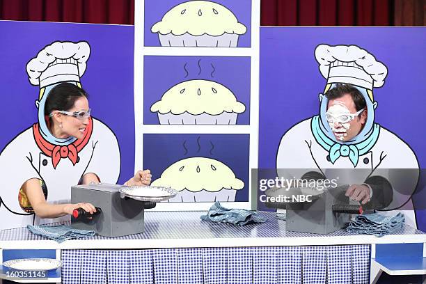 Episode 771 -- Pictured: Actress Lucy Liu, Host Jimmy Fallon during a segment on January 29, 2013 --