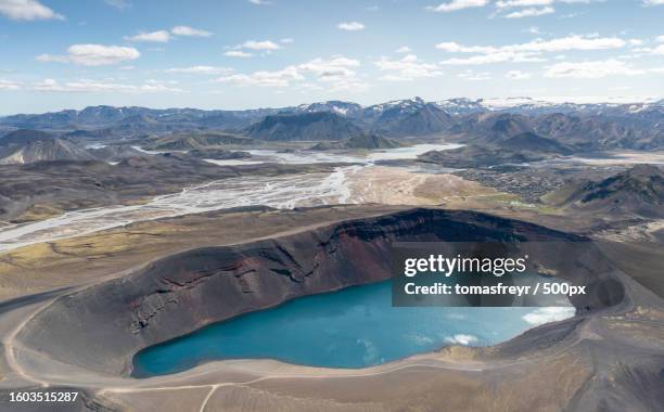 aerial view of volcanic landscape against sky - landslag stock pictures, royalty-free photos & images