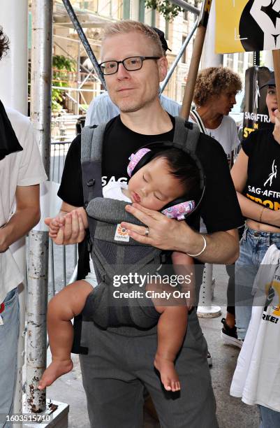 Anthony Rapp joins members and supporters of the WGA and SAG-AFTRA on day 100 of the WGA strike outside Netflix and Warner Bros. On August 9, 2023 in...