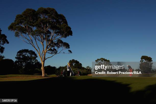 Andrew Tschudin of Australia plays a shot on the 1st hole during day two of the British Open International Final Qualifying Australasia at Kingston...