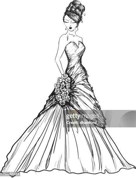 feder und tinte braut mit hochsteckfrisur - wedding dress stock-grafiken, -clipart, -cartoons und -symbole