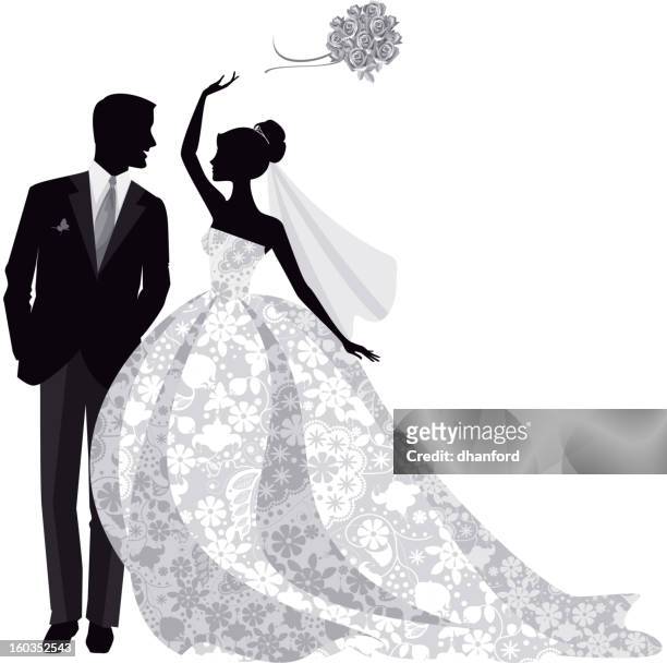braut und bräutigam silhouette - wedding dress stock-grafiken, -clipart, -cartoons und -symbole