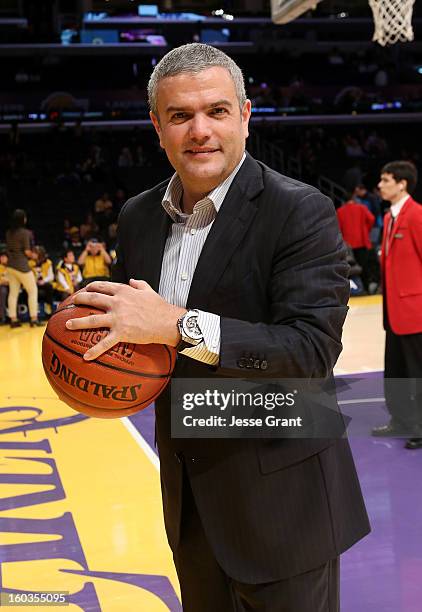 Of Hublot, Ricardo Guadalupe is seen during a presentation naming Hublot the official timekeeper of the Los Angeles Lakers at Staples Center on...