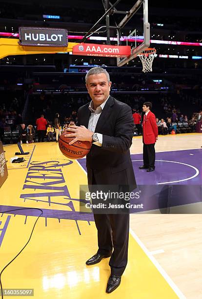 Of Hublot, Ricardo Guadalupe is seen during a presentation naming Hublot the official timekeeper of the Los Angeles Lakers at Staples Center on...
