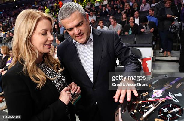 Los Angeles Lakers Executive Vice President of Business Operations, Jeanie Buss and CEO of Hublot, Ricardo Guadalupe are seen during a presentation...