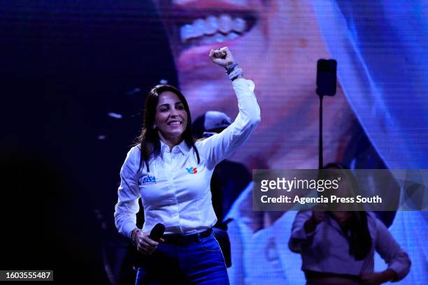 Luisa Gonzalez presidential candidate for Revolucion Ciudadana coalition greets supporters during a campaign closing rally on August 16, 2023 in...