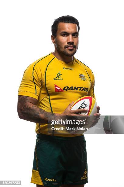 Digby Ioane poses during an Australian Wallabies Portrait session at Coogee Crowne Plaza on January 14, 2013 in Sydney, Australia.