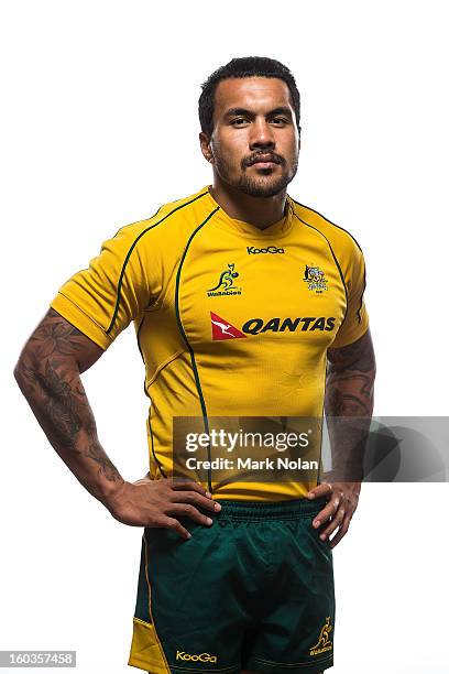 Digby Ioane poses during an Australian Wallabies Portrait session at Coogee Crowne Plaza on January 14, 2013 in Sydney, Australia.