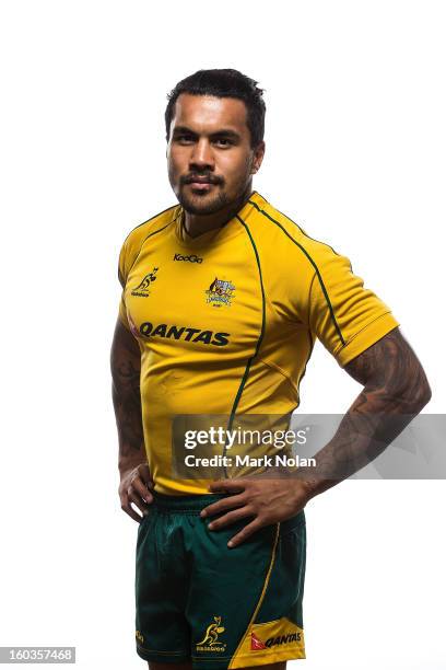 Digby Ioane poses during an Australian Wallabies Portrait session at Coogee Crowne Plaza on January 14, 2013 in Sydney, Australia.