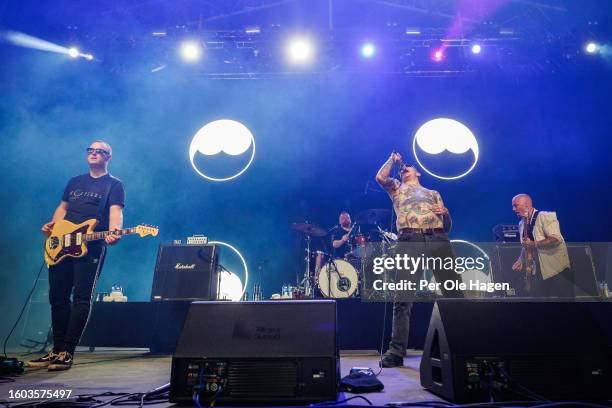 Benjamin Vallen, Tor Sjoden, Sebastian Murphy and Henrik Hockert from Viagra Boys attend day 1 of Oyafestivalen 2023 on August 09, 2023 in Oslo,...