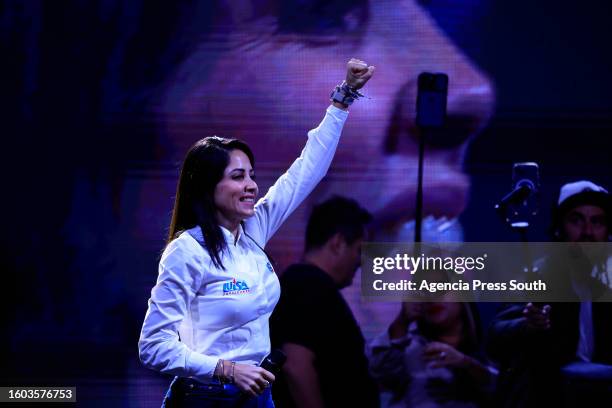 Luisa Gonzalez presidential candidate for Revolucion Ciudadana coalition greets supporters during a campaign closing rally on August 16, 2023 in...