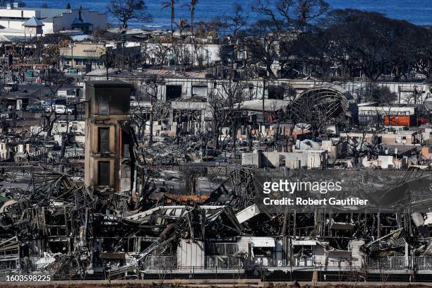 Lahaina, Maui, Wednesday, August 16, 2023 - Homes and businesses lay in ruins after last week's devastating wildfire swept through town.