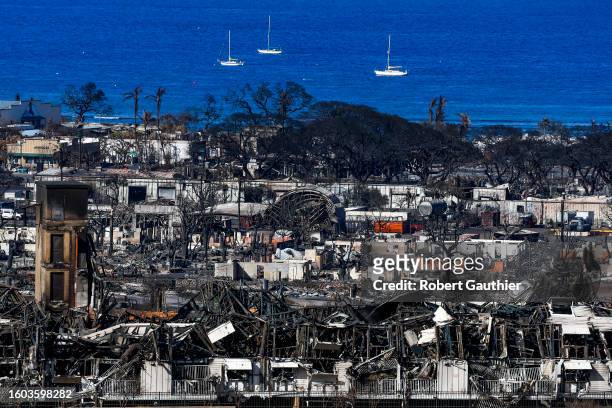 Lahaina, Maui, Wednesday, August 16, 2023 - Homes and businesses lay in ruins after last week's devastating wildfire swept through town.