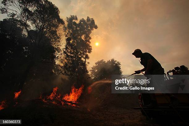 Farmer tries to put out the flames at De Hoop farm on January 29 in Paarl, South Africa. No firemen were present as the veld fire swept through the...