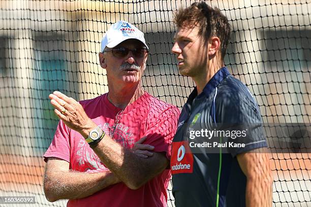 Dennis Lillee talks with James Pattinson during an Australian One Day International training session at WACA on January 30, 2013 in Perth, Australia.