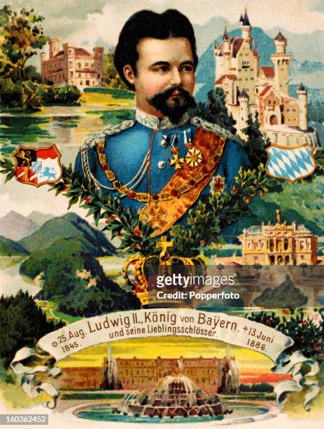 Vintage colour illustration of Ludwig II, King of Bavaria, surrounded by several of the royal residences for which he was responsible including the...