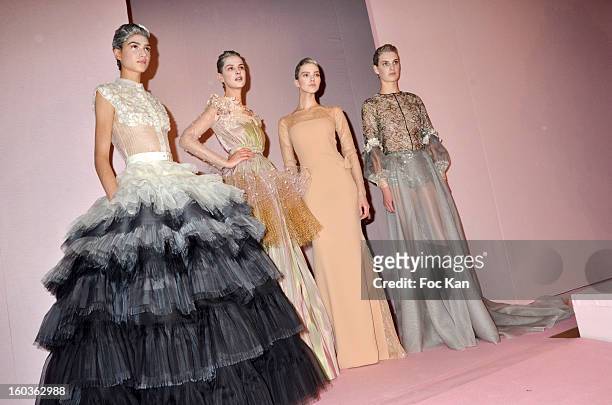 Models pose at the finale during the Alexis Mabille Spring/Summer 2013 Haute-Couture show as part of Paris Fashion Week at Mairie du 4e on January...
