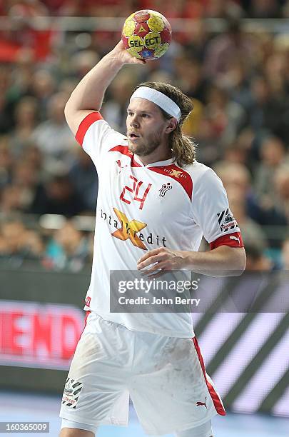 Mikkel Hansen of Denmark in action during the Men's Handball World Championship 2013 final match between Spain and Denmark at Palau Sant Jordi on...