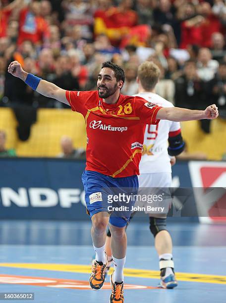 Valero Rivera of Spain celebrates a goal during the Men's Handball World Championship 2013 final match between Spain and Denmark at Palau Sant Jordi...