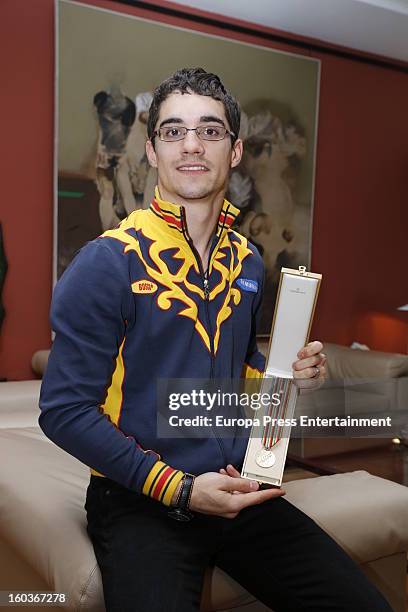 Javier Fernandez poses for a photo session after winning the title as The 2013 European Figure Skating Championships 2013 in Zagreb on January 29,...