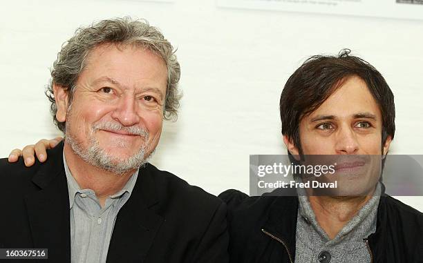 Eugenio Garcia and Gael Garcia Bernal attends a photocall to promote his Oscar nominated film 'No', which tells the story of Chilean dictator Augusto...