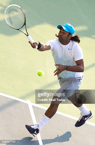 Leander Paes during a practice session at RK Khanna Tennis Complex in New Delhi on Tuesday.