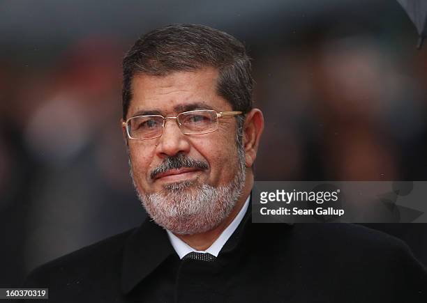 Egyptian President Mohamed Mursi arrives at the Chancellery to meet with German Chancellor Angela Merkel on January 30, 2013 in Berlin, Germany....