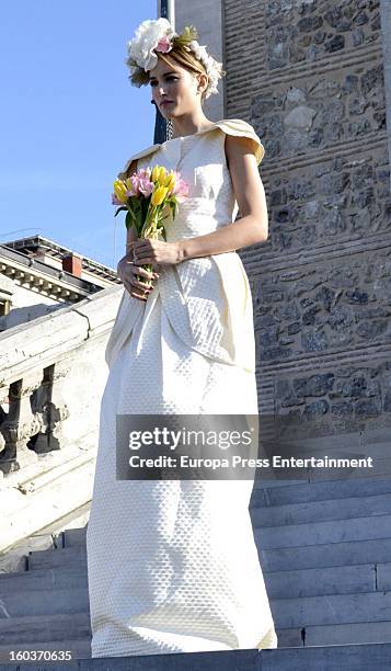 Model Alba Carrillo poses for a photo session wearing a wedding dress on January 15, 2013 in Madrid, Spain.