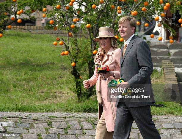 Princess Maxima and her husband Crown Prince Willem-Alexander of the Netherlands attend the traditional Queens Day celebrations on April 30, 2005 in...