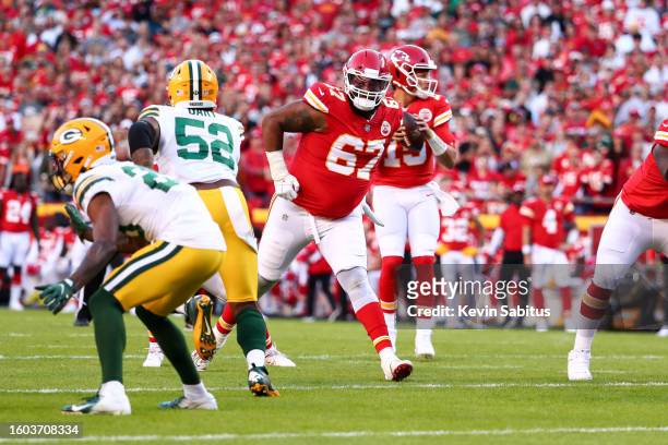Lucas Niang of the Kansas City Chiefs blocks during an NFL game against the Green Bay Packers at GEHA Field at Arrowhead Stadium on November 7, 2021...