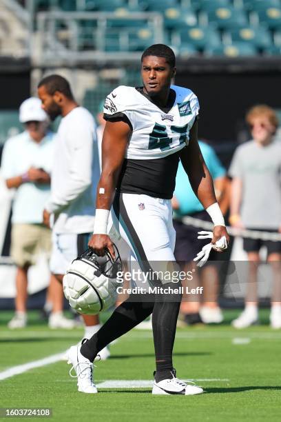 Myles Jack of the Philadelphia Eagles walks onto the field during Training Camp at Lincoln Financial Field on August 9, 2023 in Philadelphia,...