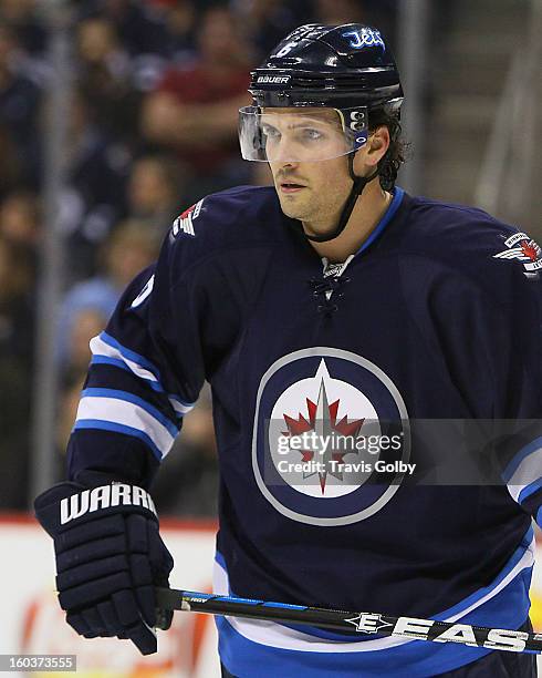 Ron Hainsey of the Winnipeg Jets waits for a face-off during second period action against the Pittsburgh Penguins at the MTS Centre on January 25,...