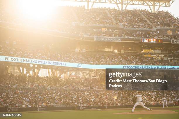 Blake Snell of the San Diego Padres pitches in the third inning against the Baltimore Orioles at Petco Park on August 16, 2023 in San Diego,...