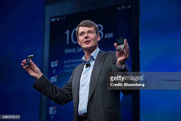 Thorsten Heins, chief executive officer of Research In Motion Ltd., speaks during the launch of the BlackBerry 10 in New York, U.S., on Wednesday,...
