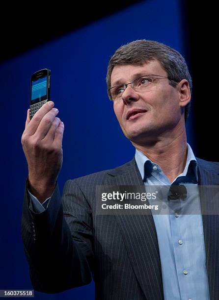 Thorsten Heins, chief executive officer of Research In Motion Ltd., speaks during the launch of the BlackBerry 10 in New York, U.S., on Wednesday,...