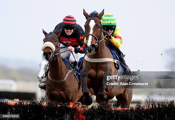 Rachel King riding Drussell win The AJA Amateur Riders' Handicap Hurdle Race at Ludlow racecourse on January 30, 2013 in Ludlow, England.