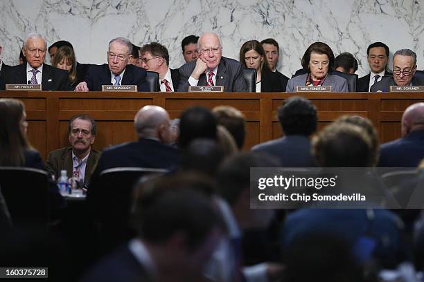 Senate Judiciary Committee members U.S. Sen. John Orrin Hatch , ranking member U.S. Sen. John Chuck Grassley , Chairman Patrick Leahy , U.S. Sen....