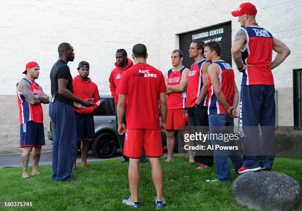Coach Jon Jones talks to his team after suffering their first defeat against Team Sonnen during filming for season seventeen of The Ultimate Fighter...