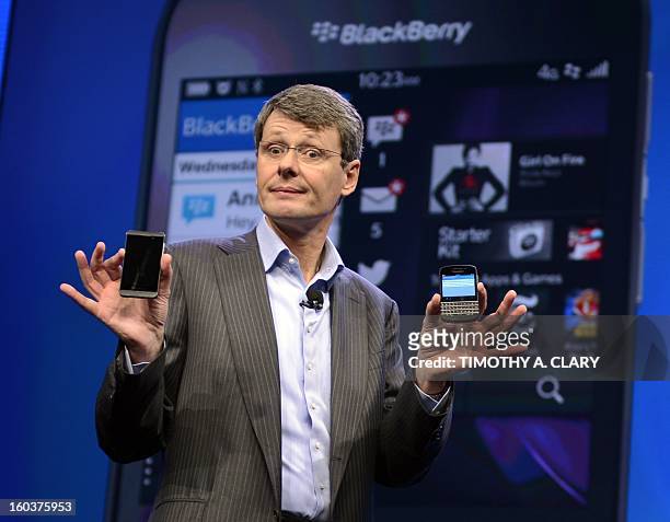 Research in Motion CEO Thorsten Heins as officially unveils the BlackBerry 10 mobile platform as well as two new devices January 30, 2013 at the New...