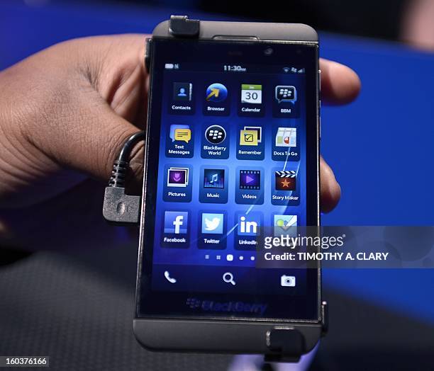 The BlackBerry 10 mobile platform is seen after being unveiled January 30, 2013 at the New York City Launch at Pier 36. BlackBerry launched its...