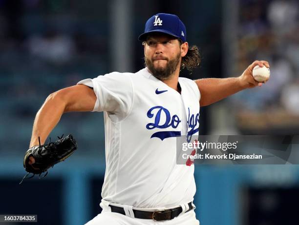 Starting pitcher Clayton Kershaw of the Los Angeles Dodgers throws against the Milwaukee Brewers during the second inning at Dodger Stadium on August...