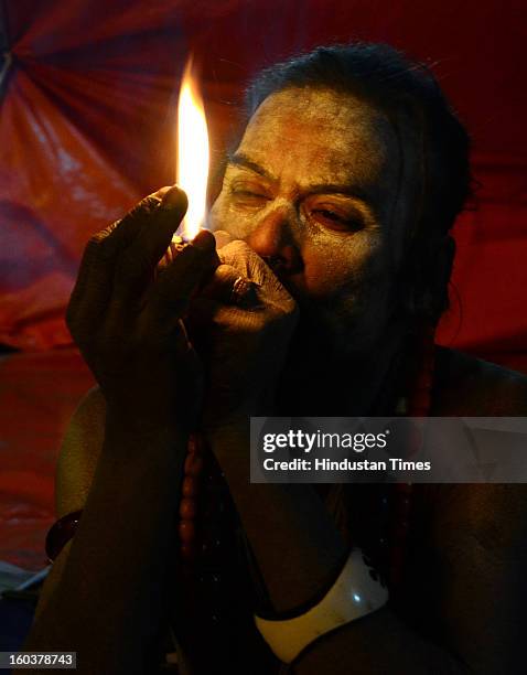 Naga Sadhu enjoy smoking Chillum at the camp, at Kumbh Mela area, on January 30, 2013 in Allahabad, India. The mega religious fair is held once in 12...