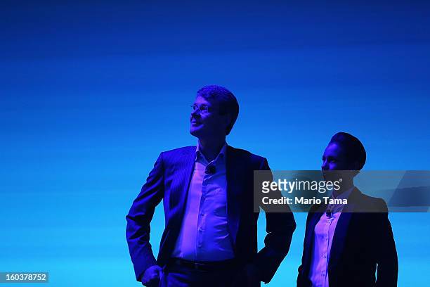 BlackBerry President and Chief Executive Officer Thorsten Heins stands with new BlackBerry Global Creative Director Alicia Keys at the BlackBerry 10...