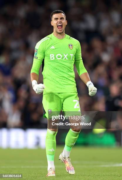 Karl Darlow of Leeds United celebrates after teammate Pascal Struijk scores the team's second goal during the Carabao Cup First Round match between...