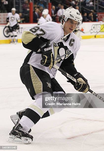 Sidney Crosby of the Pittsburgh Penguins skates during warmup before a game against the Winnipeg Jets on January 25, 2013 at the MTS Centre in...