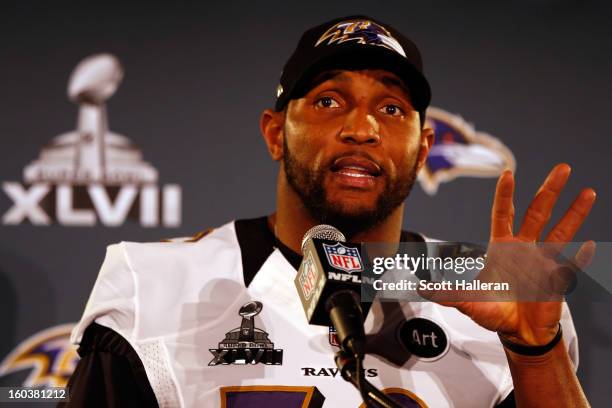 Linebacker Ray Lewis of the Baltimore Ravens addresses the media during Super Bowl XLVII Media Availability at the Hilton New Orleans Riverside on...