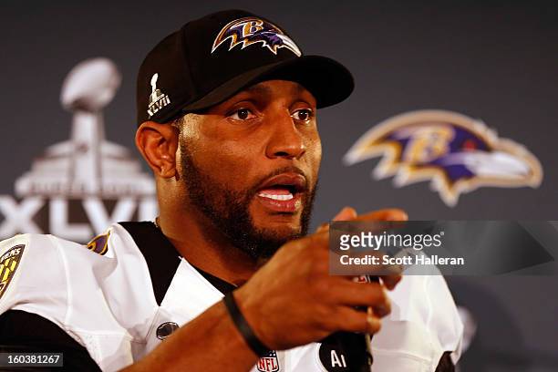 Linebacker Ray Lewis of the Baltimore Ravens addresses the media during Super Bowl XLVII Media Availability at the Hilton New Orleans Riverside on...